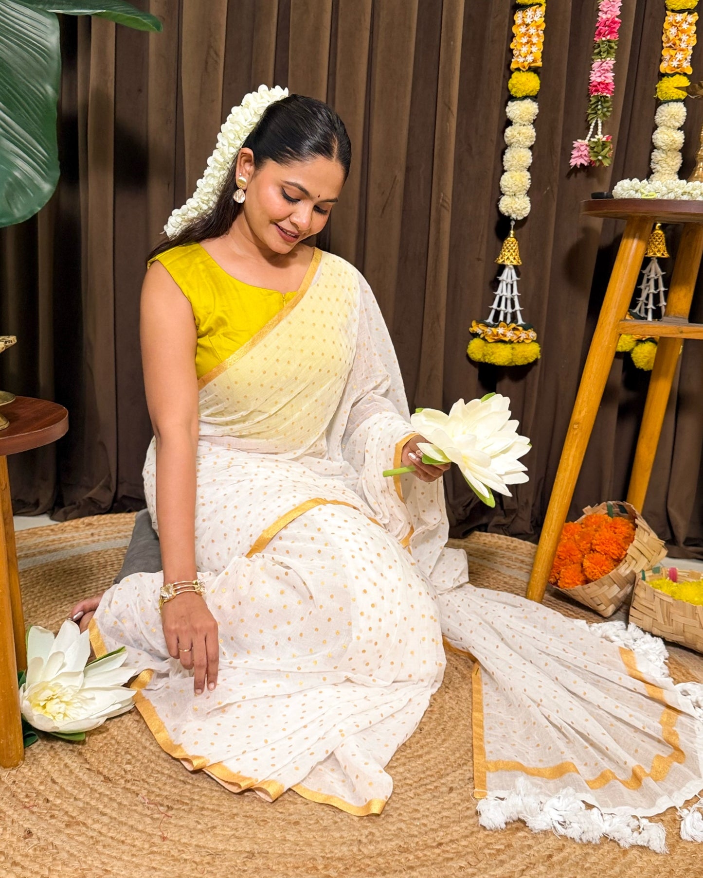 Kasavu Polka | Onam White Mulmul Cotton Saree with Polka Dots