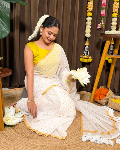 Kasavu Polka | Onam White Mulmul Cotton Saree with Polka Dots