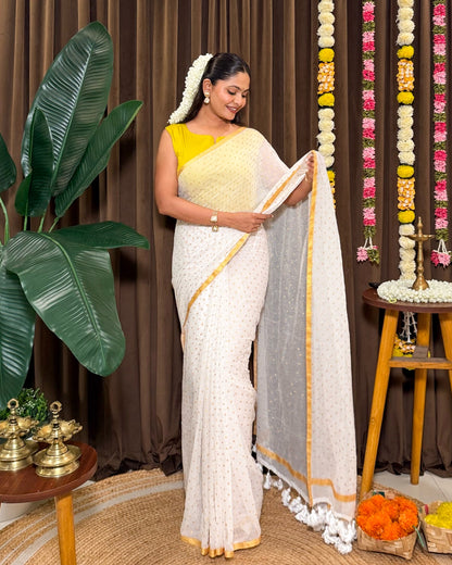 Kasavu Polka | Onam White Mulmul Cotton Saree with Polka Dots