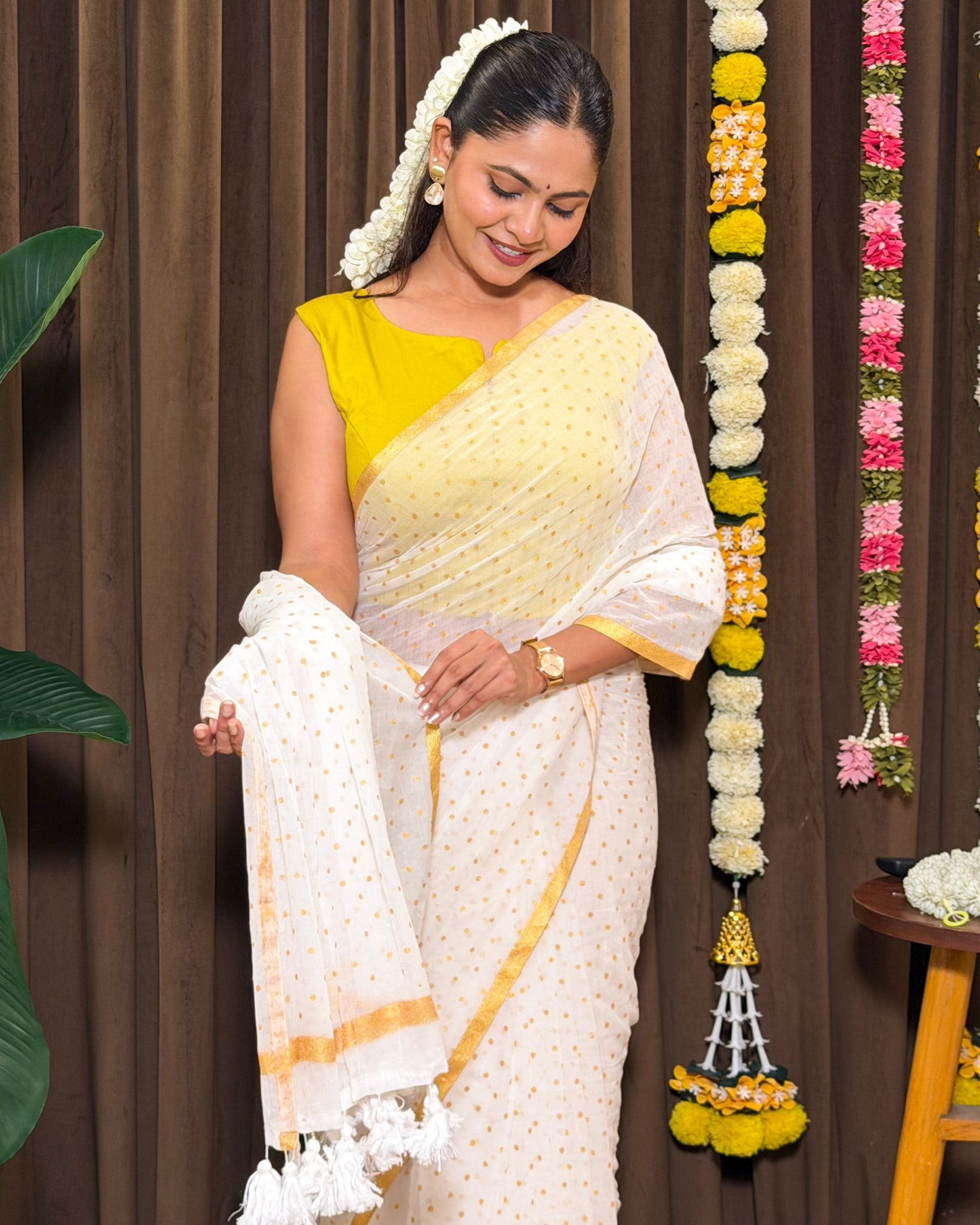 Kasavu Polka | Onam White Mulmul Cotton Saree with Polka Dots