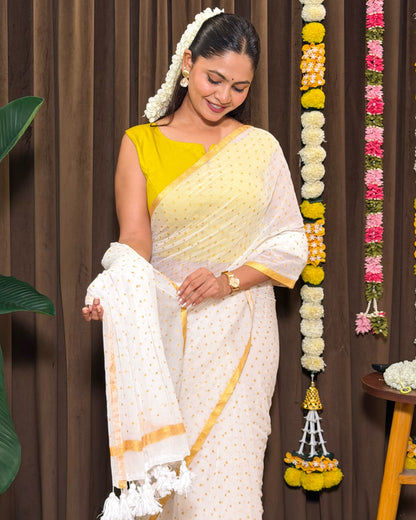 Kasavu Polka | Onam White Mulmul Cotton Saree with Polka Dots