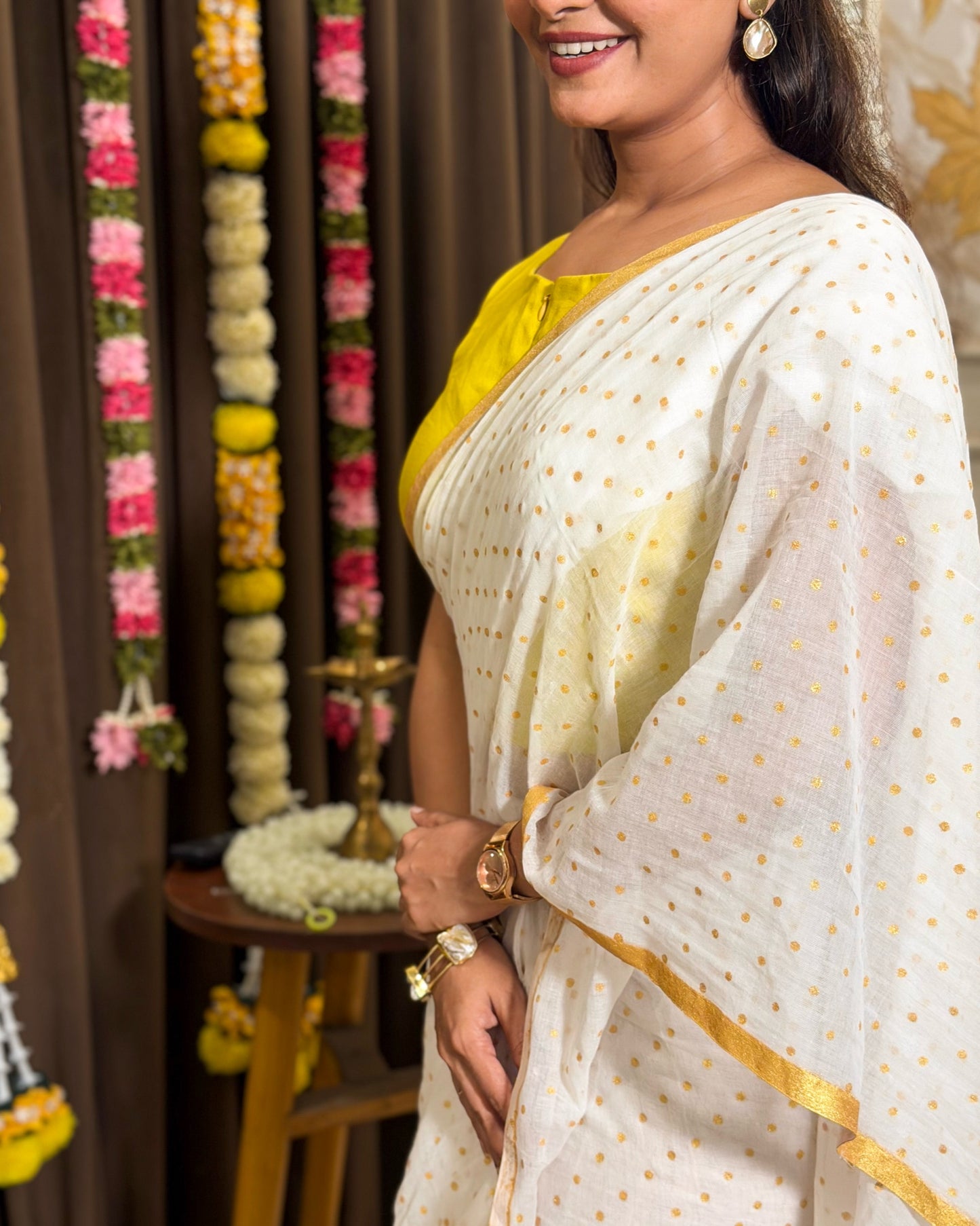 Kasavu Polka | Onam White Mulmul Cotton Saree with Polka Dots