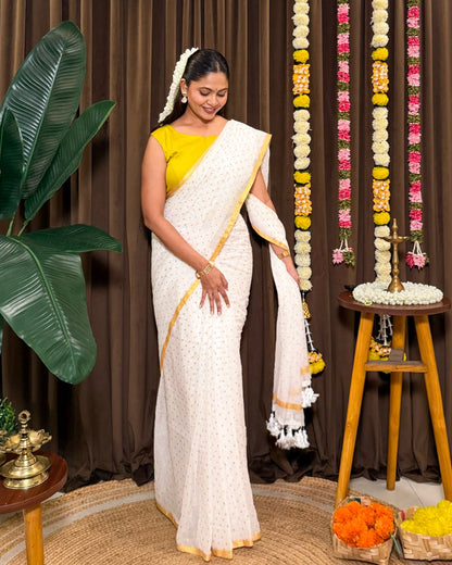 Kasavu Polka | Onam White Mulmul Cotton Saree with Polka Dots