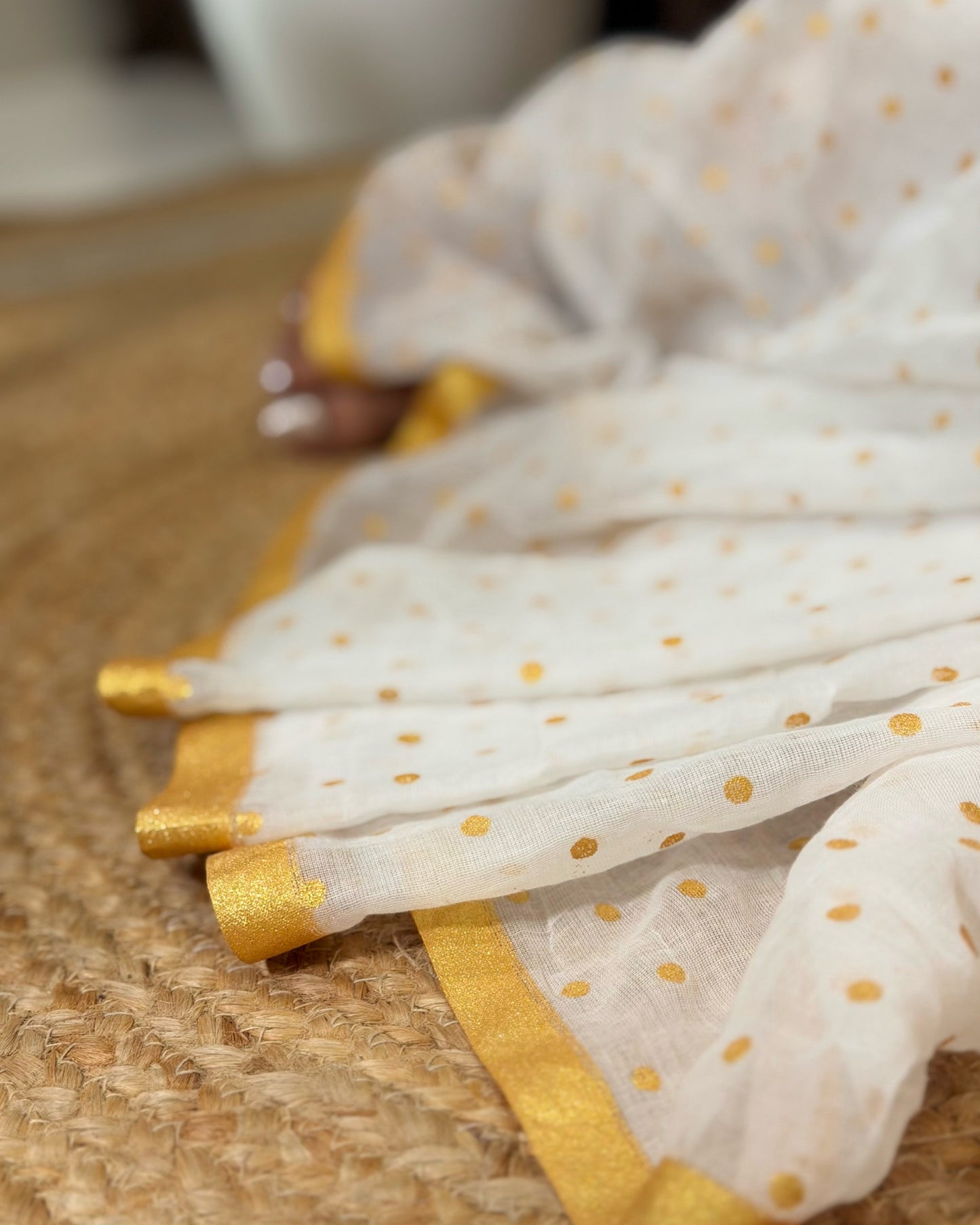 Kasavu Polka | Onam White Mulmul Cotton Saree with Polka Dots