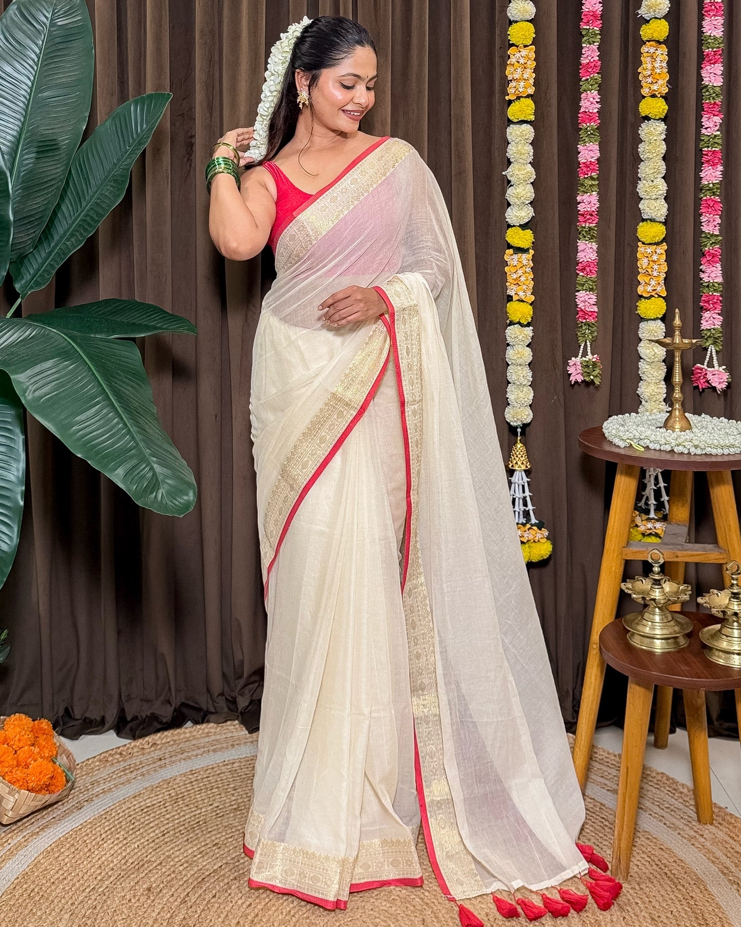 Avani | Onam White Mulmul Cotton Saree