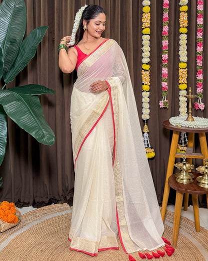 Avani | Onam White Mulmul Cotton Saree