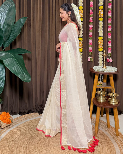 Avani | Onam White Mulmul Cotton Saree