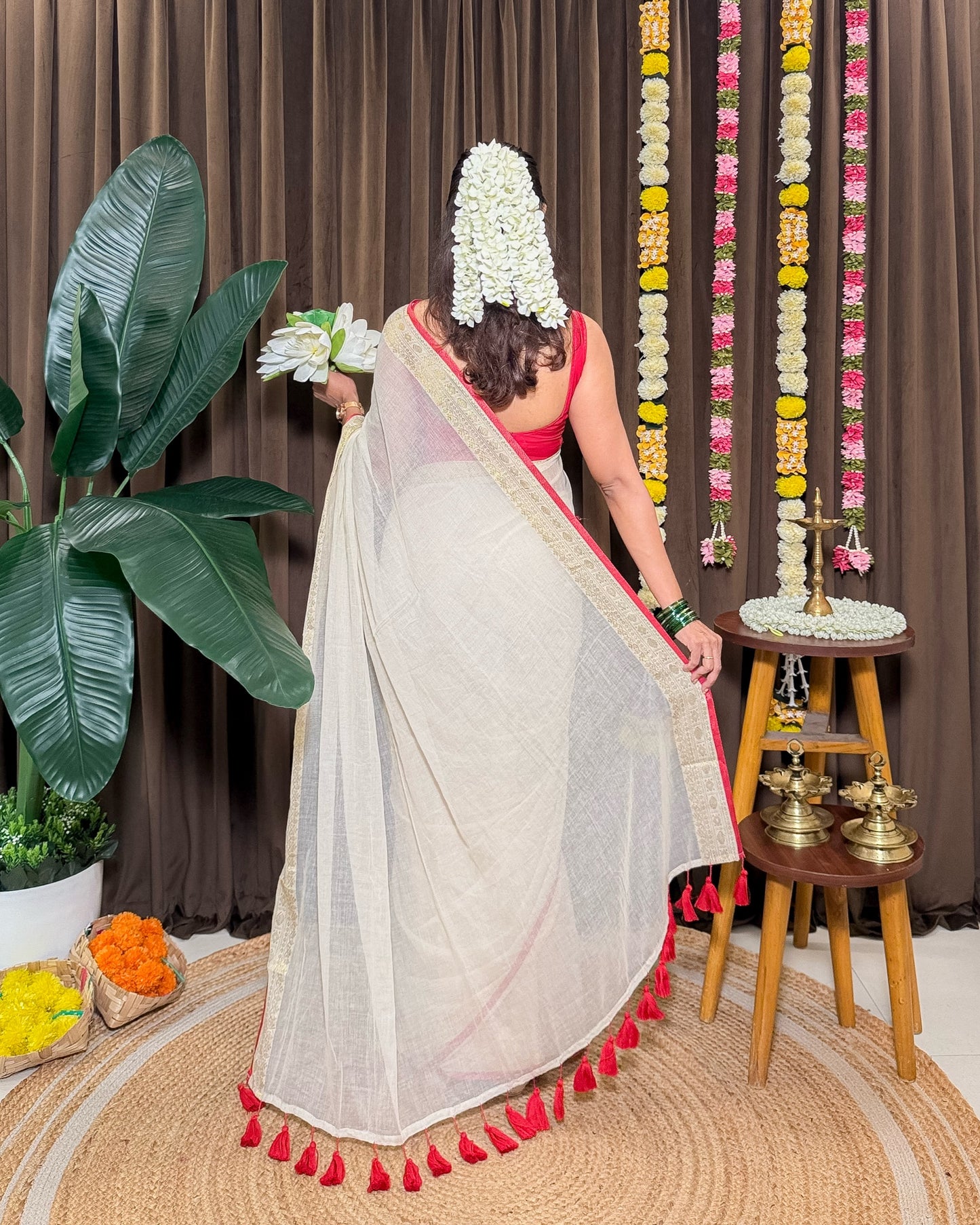 Avani | Onam White Mulmul Cotton Saree