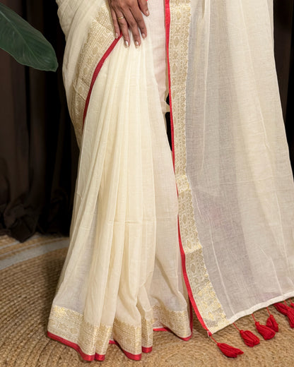 Avani | Onam White Mulmul Cotton Saree