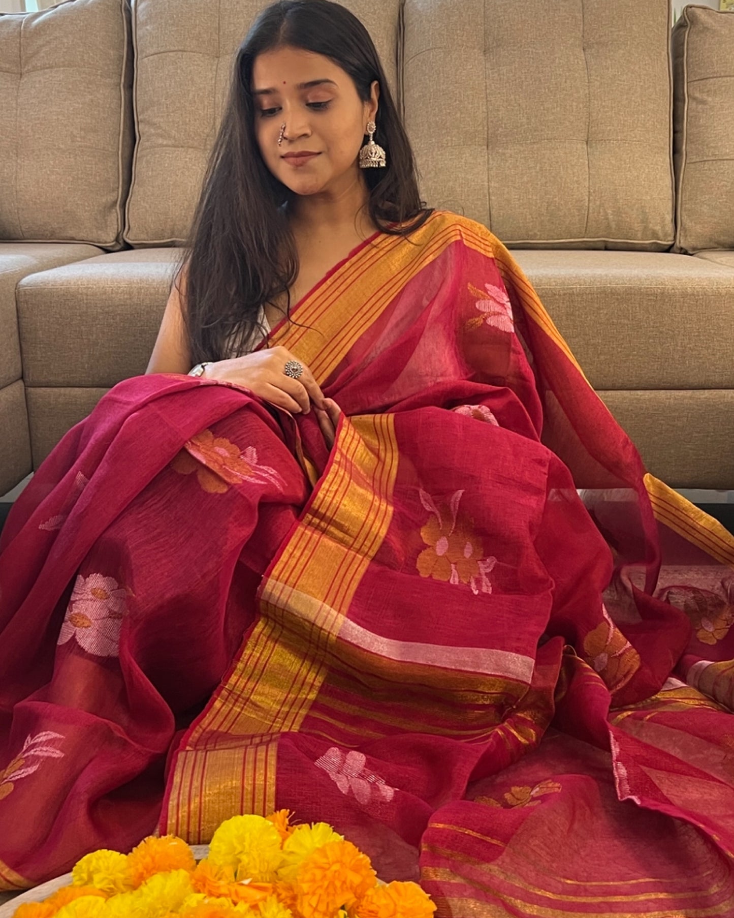 Red Golden Tissue festive wedding saree