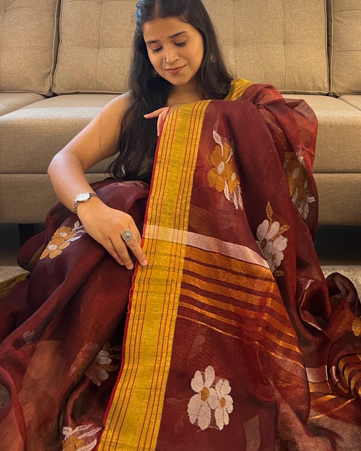 Golden Maroon Tissue festive wedding saree