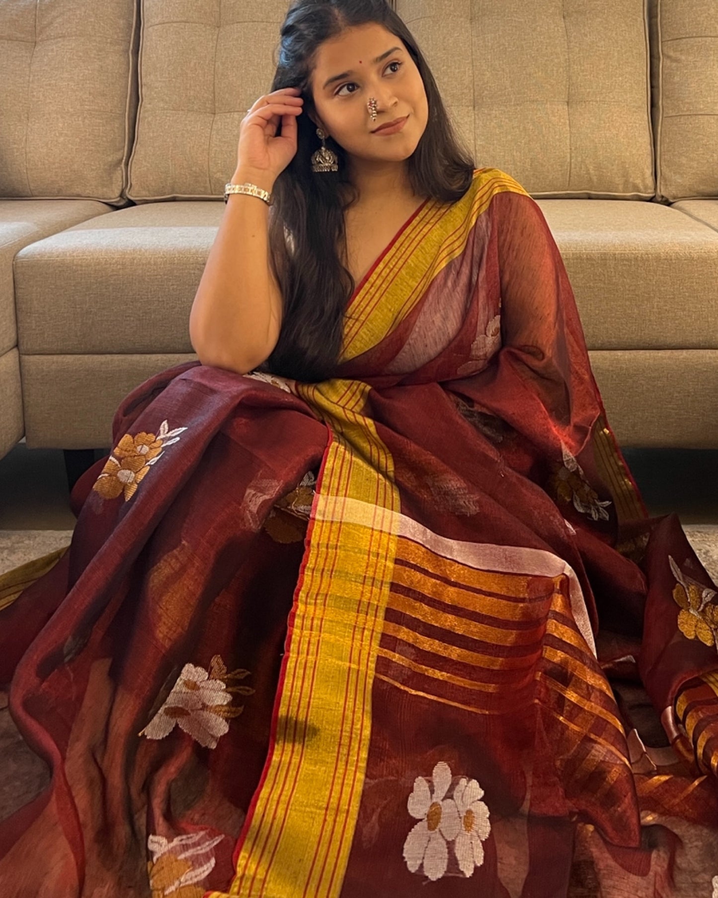 Golden Maroon Tissue festive wedding saree