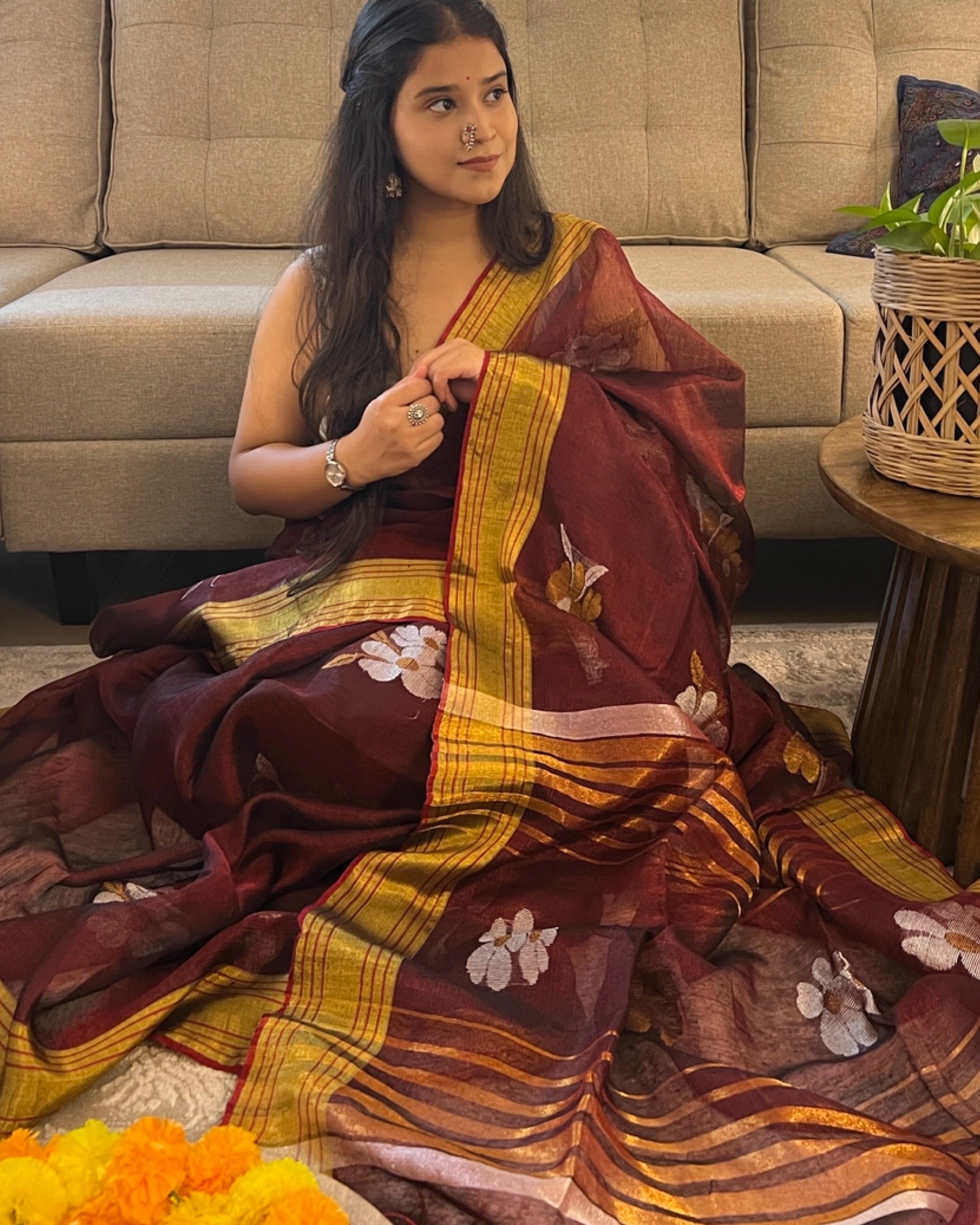 Golden Maroon Tissue festive wedding saree