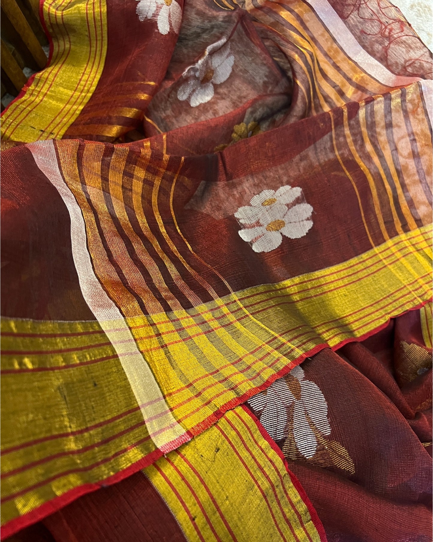 Golden Maroon Tissue festive wedding saree