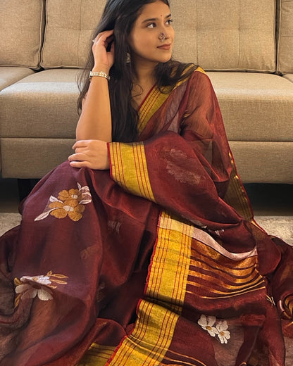 Golden Maroon Tissue festive wedding saree