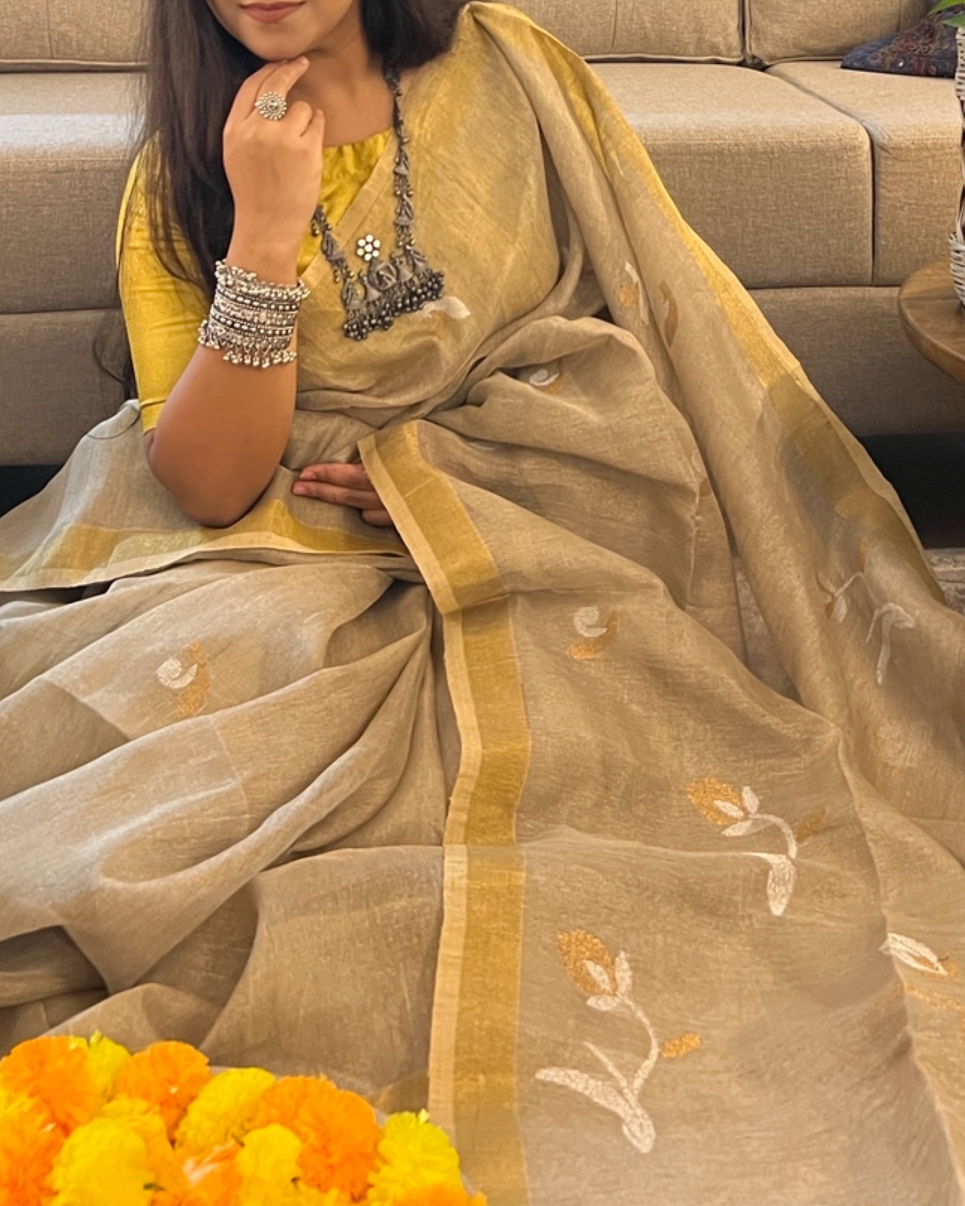 Silver Golden Tissue designer saree wedding festive