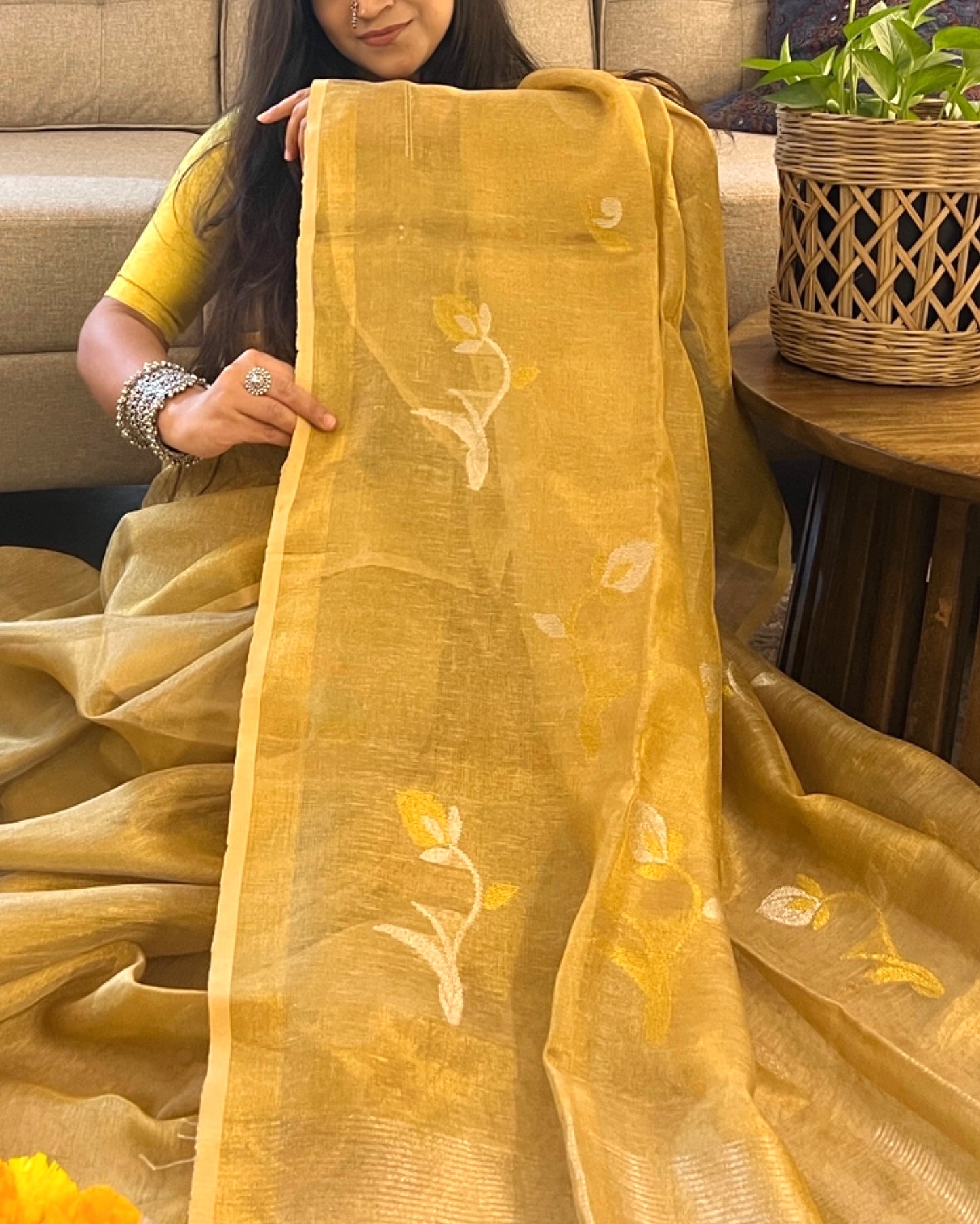 Golden silver designer tissue saree festive