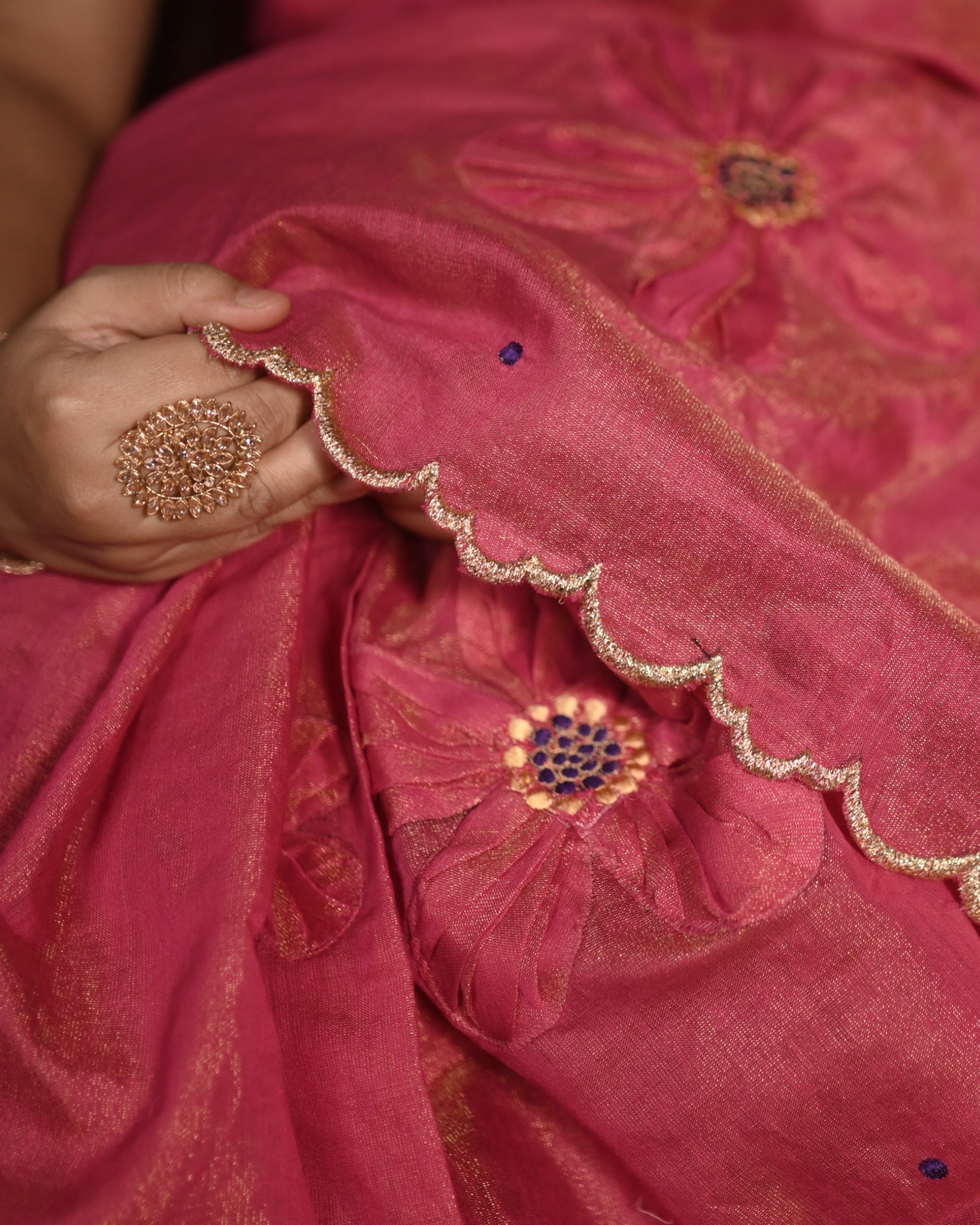 Coral Red designer zari organza saree