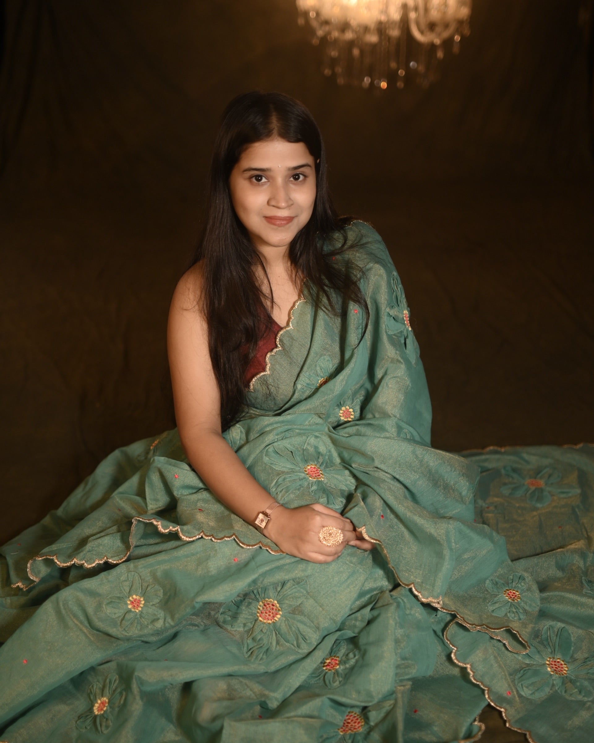 Sea Green designer zari organza saree