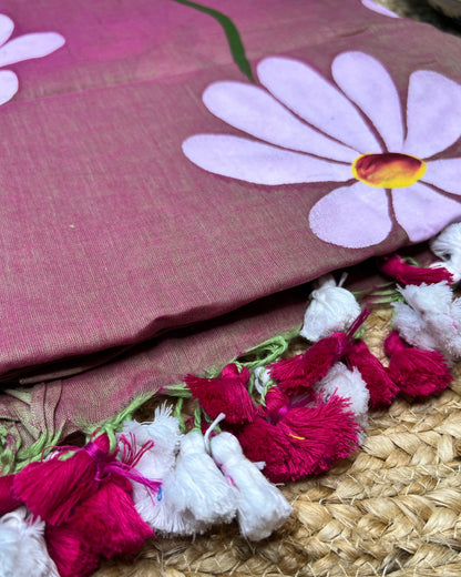 Soft and comfortable light weight pink mulmul cotton saree with floral hand painting good for day time wear