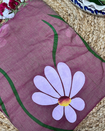 Soft and comfortable light weight pink mulmul cotton saree with floral hand painting good for day time wear