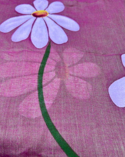 Soft and comfortable light weight pink mulmul cotton saree with floral hand painting good for day time wear