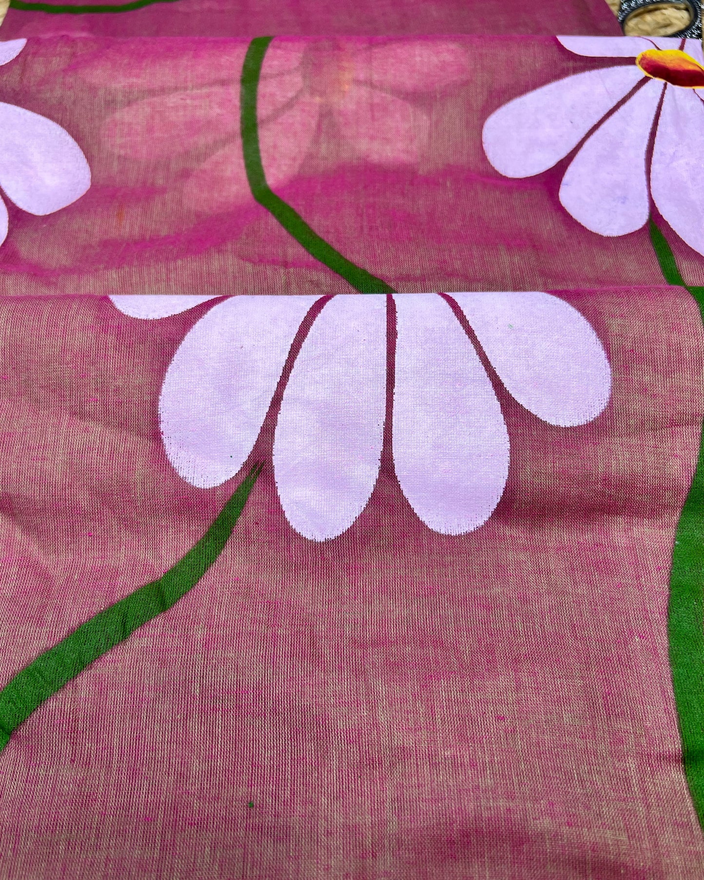 Soft and comfortable light weight pink mulmul cotton saree with floral hand painting good for day time wear