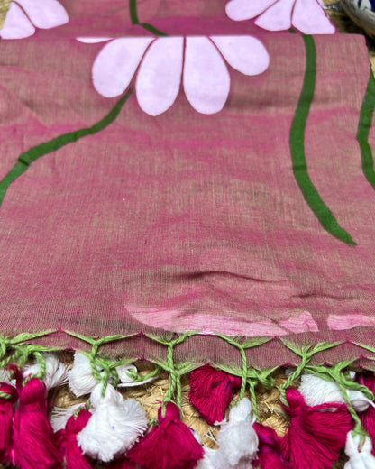 Soft and comfortable light weight pink mulmul cotton saree with floral hand painting good for day time wear