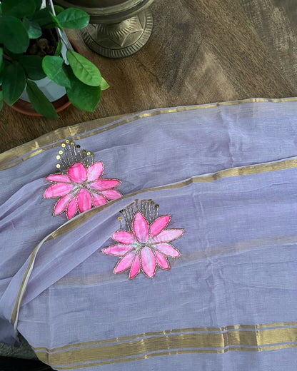 Lotus in Dawn | Handpainted Mulmul Cotton Saree (Dusky Mauve)