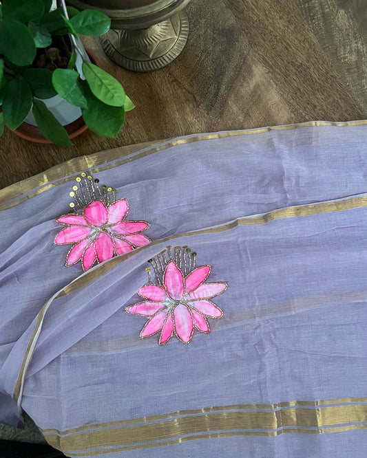 Lotus in Dawn | Handpainted Mulmul Cotton Saree (Dusky Mauve)