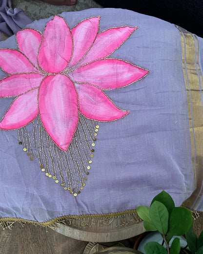 Lotus in Dawn | Handpainted Mulmul Cotton Saree (Dusky Mauve)