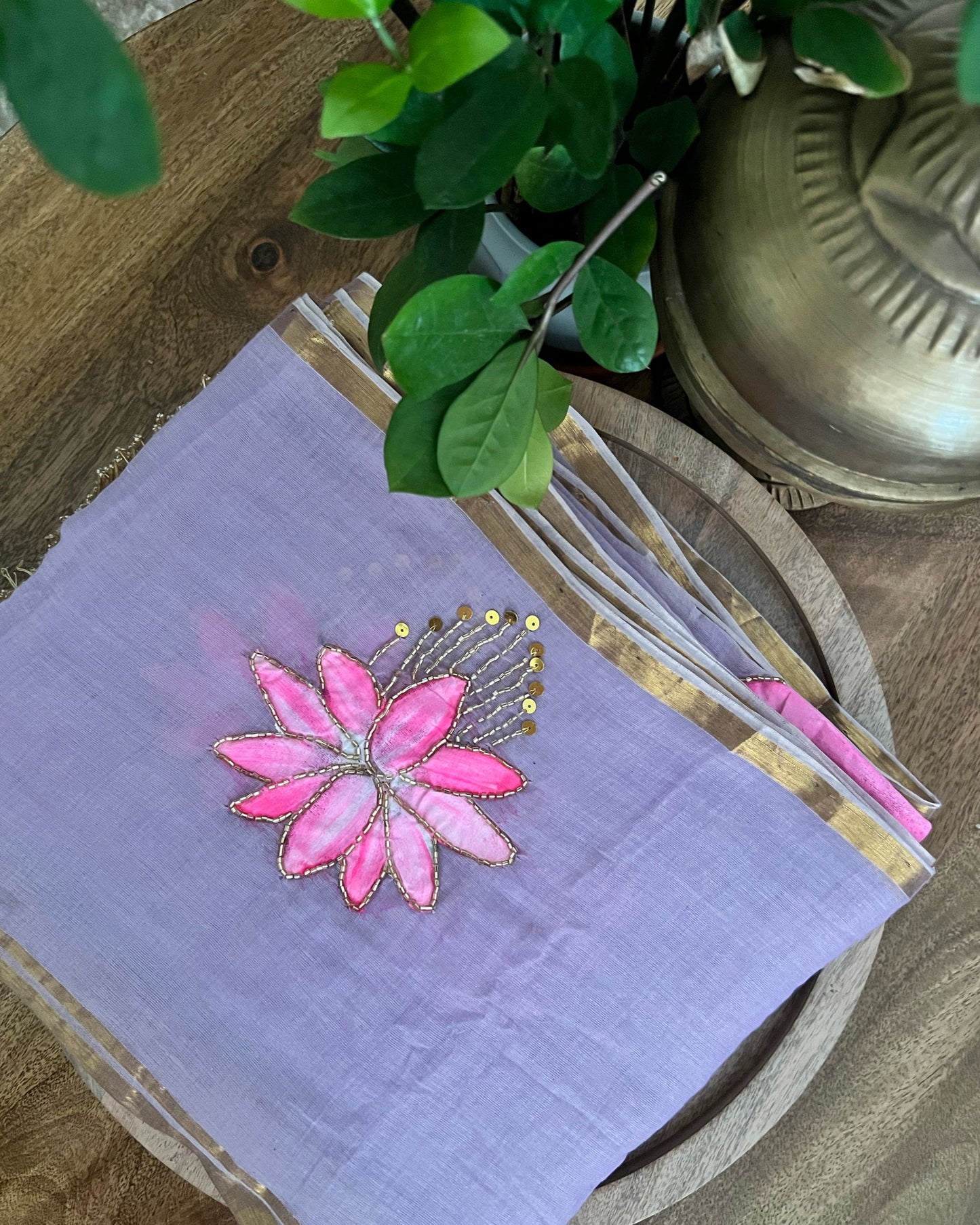 Lotus in Dawn | Handpainted Mulmul Cotton Saree (Dusky Mauve)