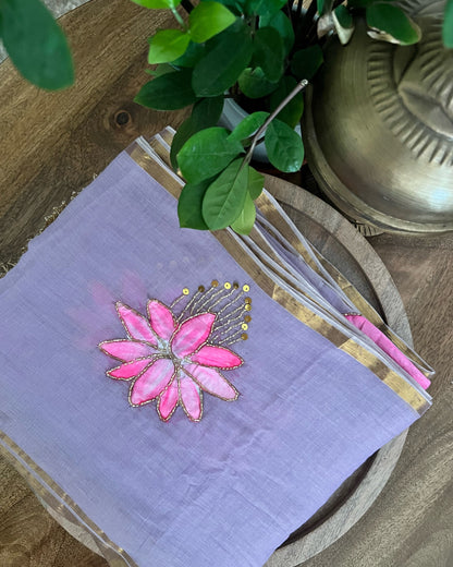 Lotus in Dawn | Handpainted Mulmul Cotton Saree (Dusky Mauve)
