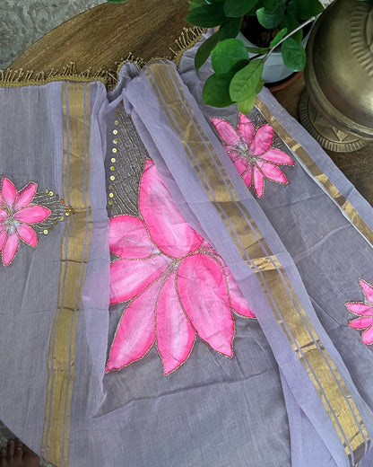 Lotus in Dawn | Handpainted Mulmul Cotton Saree (Dusky Mauve)