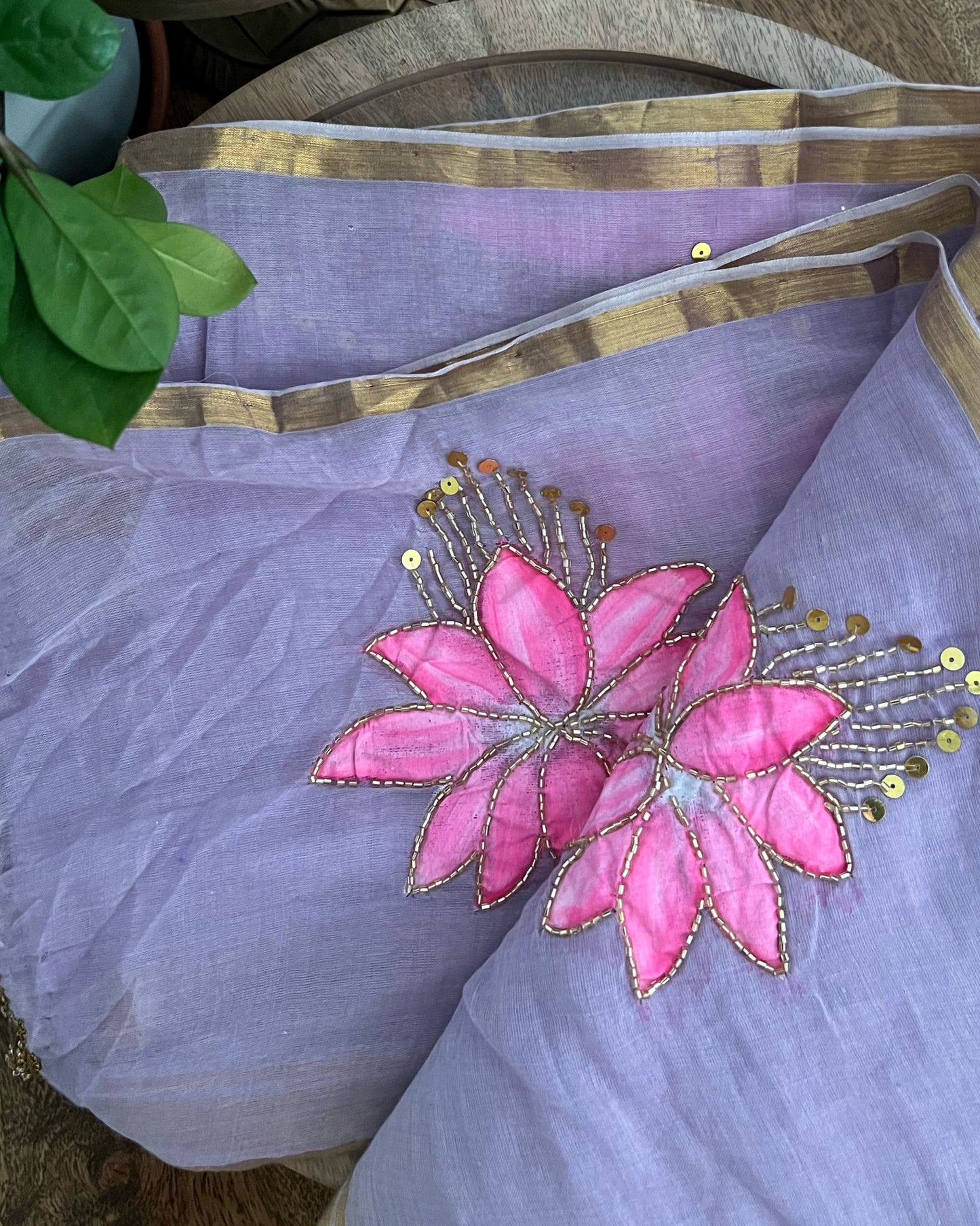 Lotus in Dawn | Handpainted Mulmul Cotton Saree (Dusky Mauve)