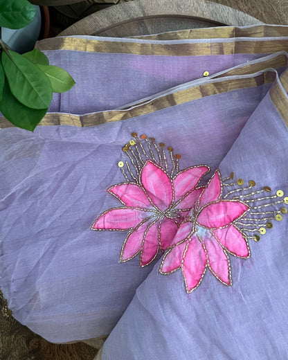 Lotus in Dawn | Handpainted Mulmul Cotton Saree (Dusky Mauve)