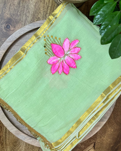 Lotus Breeze | Handpainted Mulmul Cotton Saree (Lime Green)