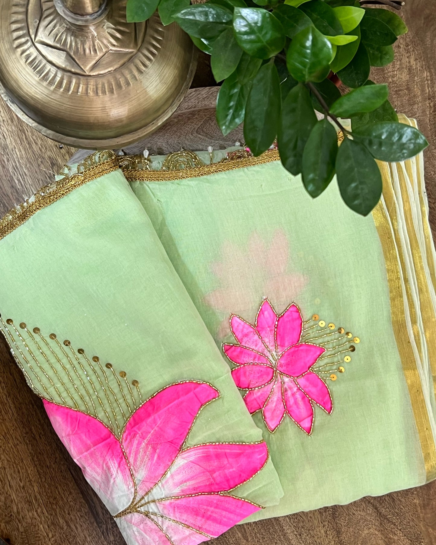 Lotus Breeze | Handpainted Mulmul Cotton Saree (Lime Green)