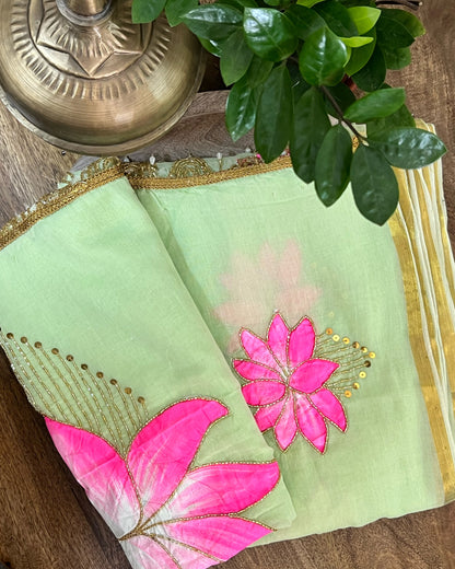 Lotus Breeze | Handpainted Mulmul Cotton Saree (Lime Green)