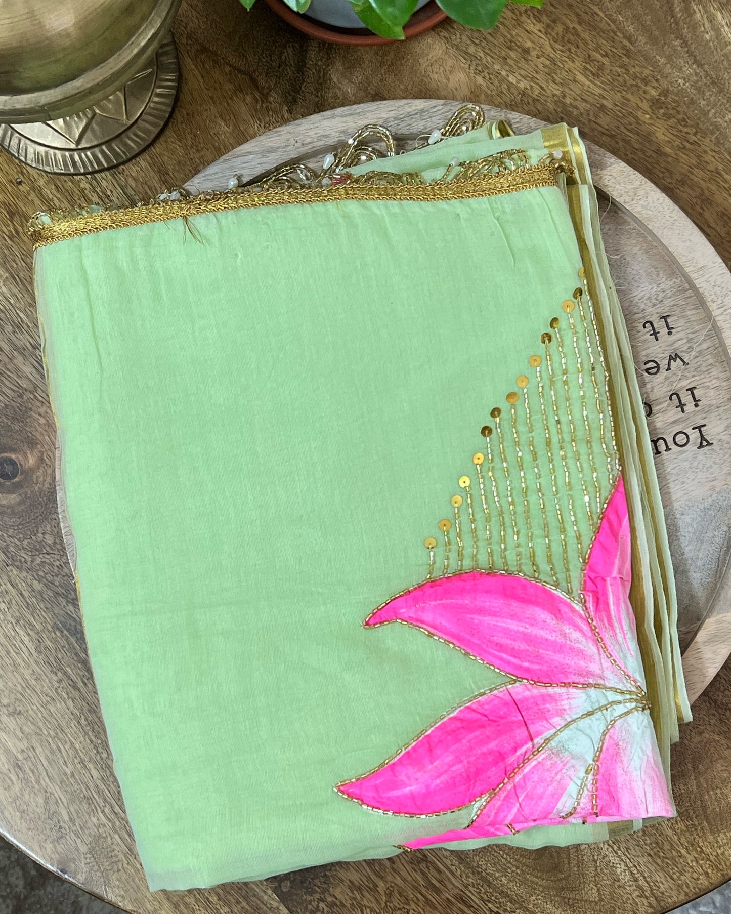 Lotus Breeze | Handpainted Mulmul Cotton Saree (Lime Green)