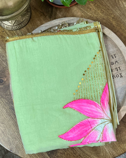 Lotus Breeze | Handpainted Mulmul Cotton Saree (Lime Green)