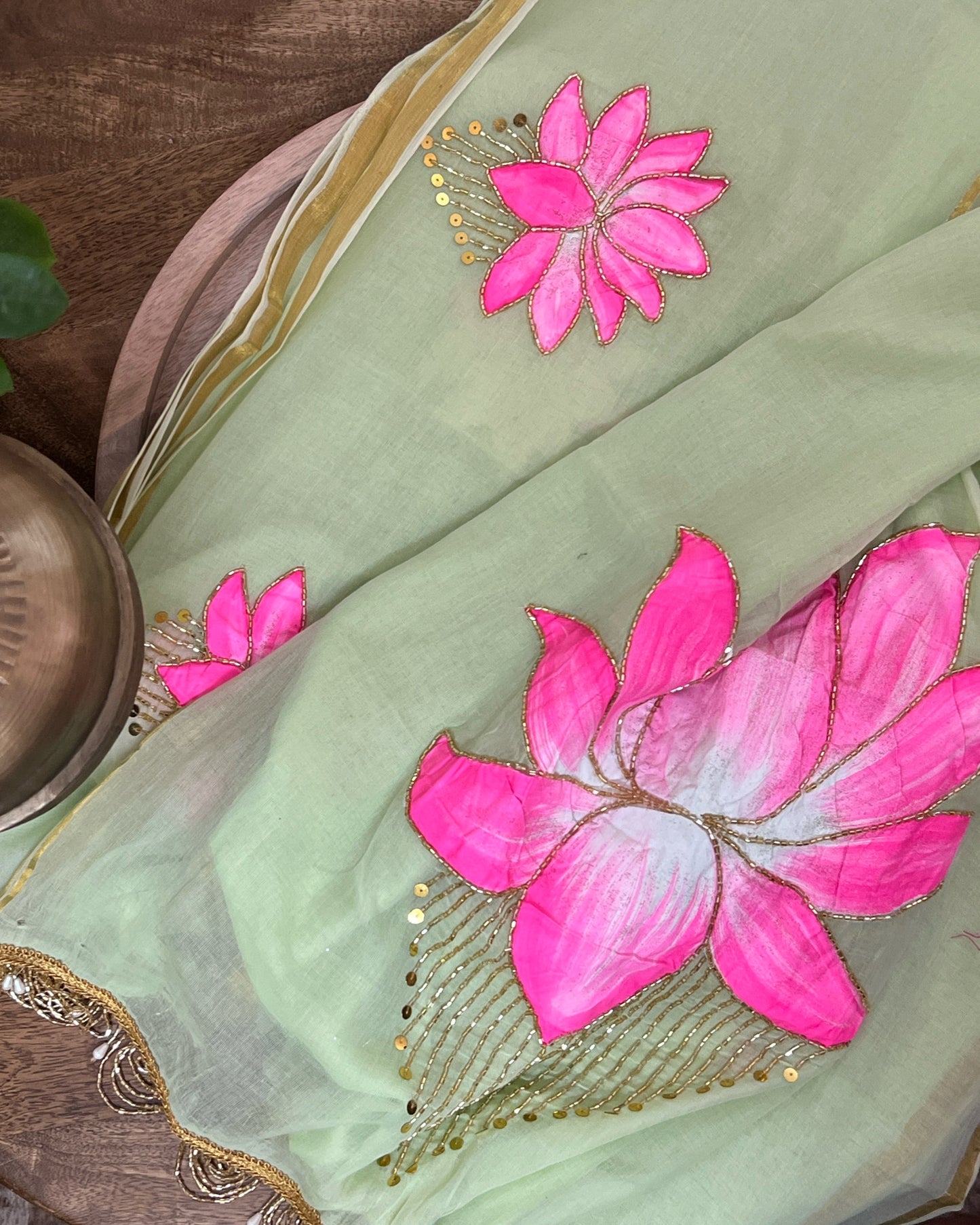 Lotus Breeze | Handpainted Mulmul Cotton Saree (Lime Green)