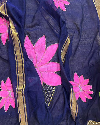Midnight Lotus | Handpainted Mulmul Cotton Saree (Midnight Blue)