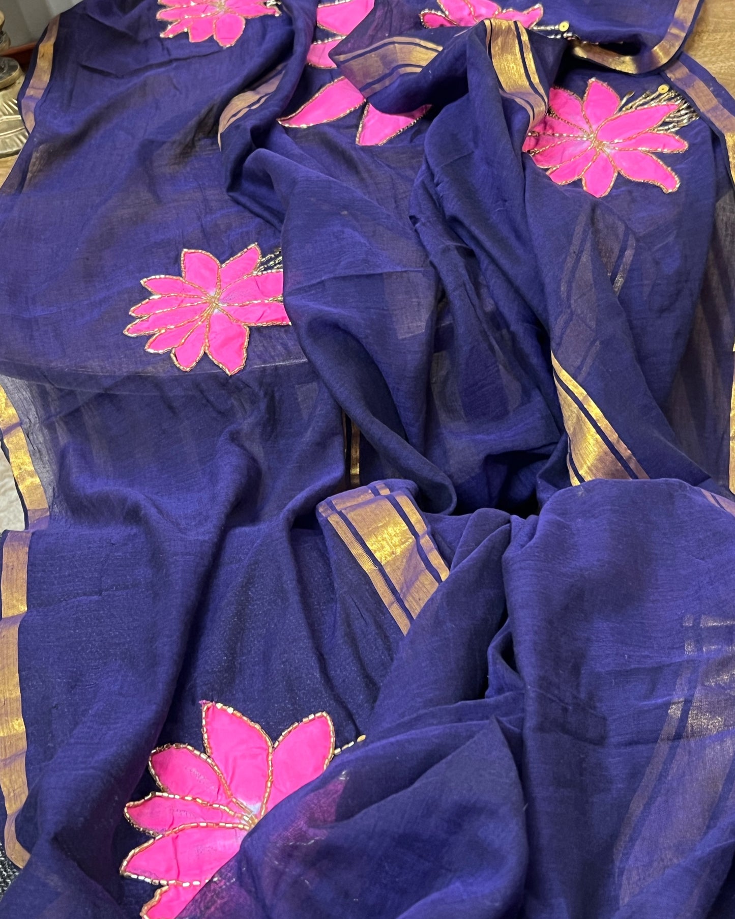 Midnight Lotus | Handpainted Mulmul Cotton Saree (Midnight Blue)