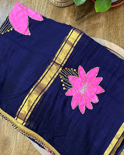 Midnight Lotus | Handpainted Mulmul Cotton Saree (Midnight Blue)