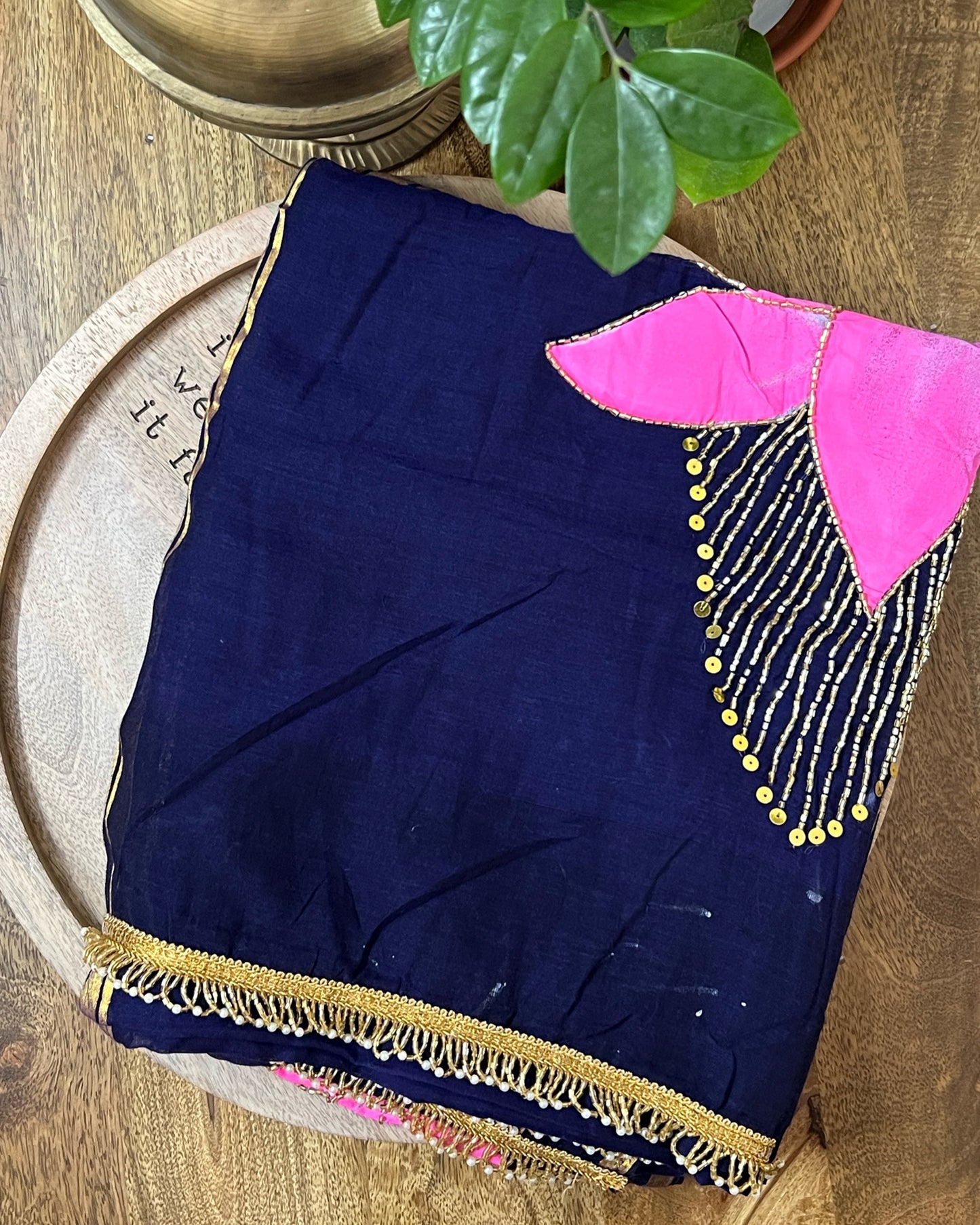 Midnight Lotus | Handpainted Mulmul Cotton Saree (Midnight Blue)