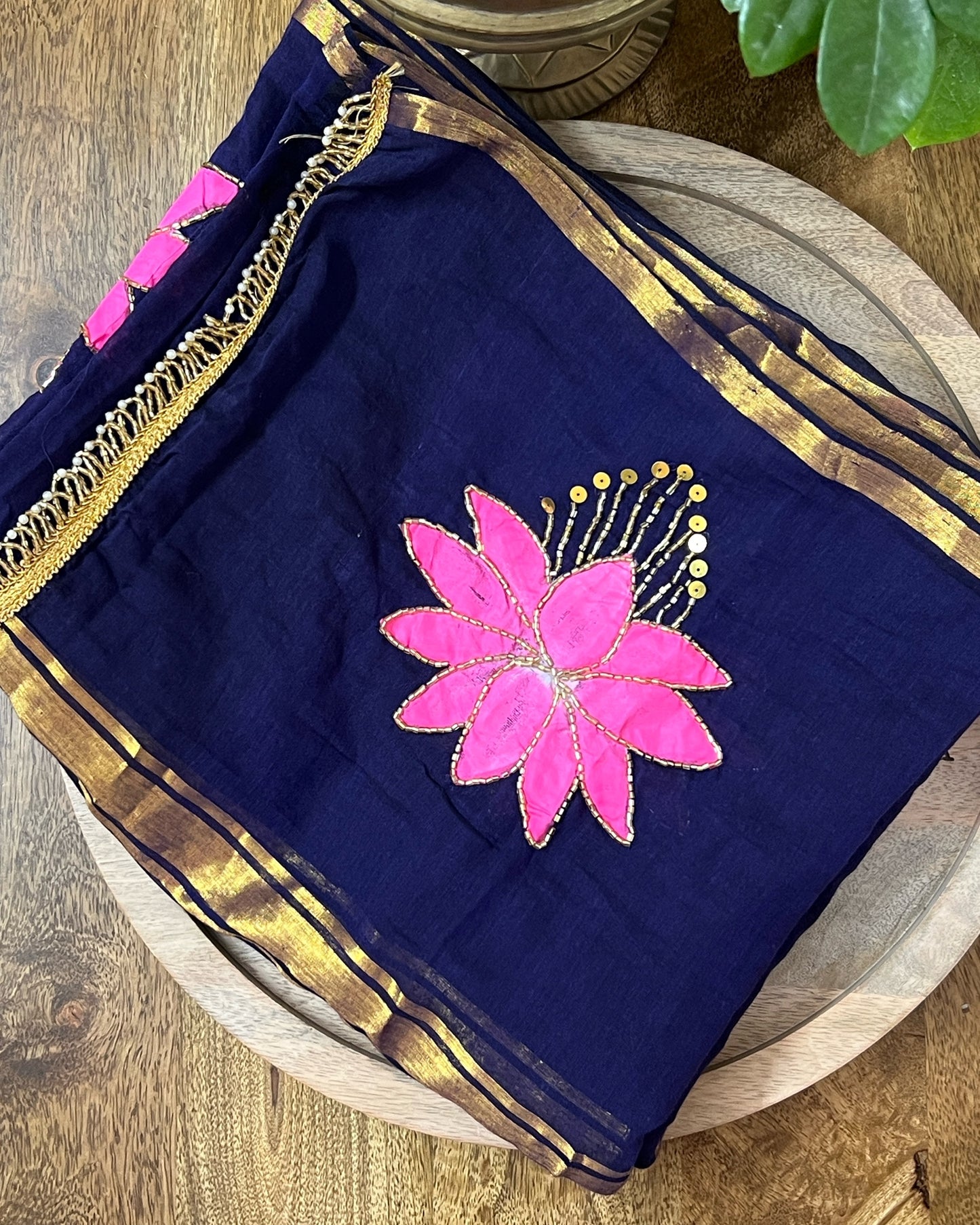 Midnight Lotus | Handpainted Mulmul Cotton Saree (Midnight Blue)