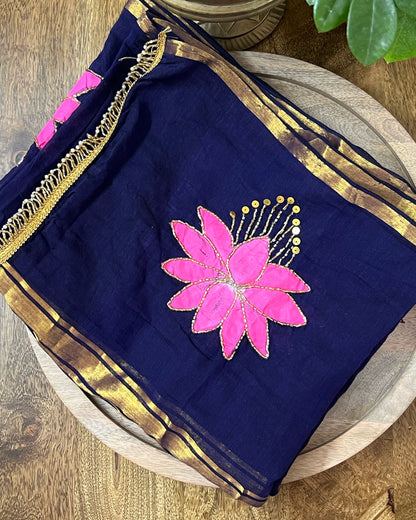 Midnight Lotus | Handpainted Mulmul Cotton Saree (Midnight Blue)