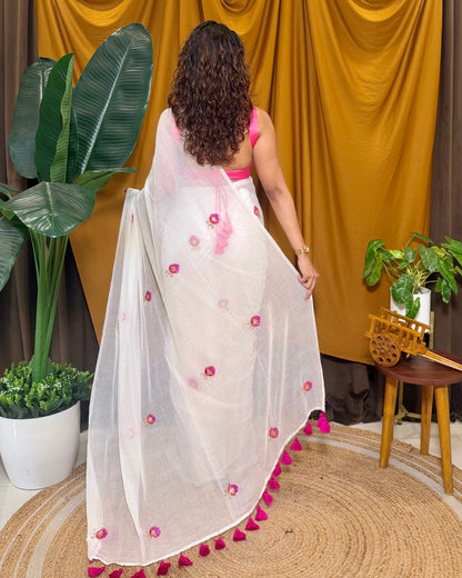 Petal N Milk – Embroidered White Mulmul Cotton Saree