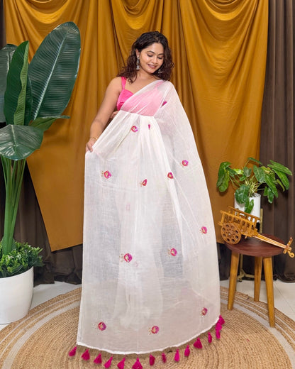 Petal N Milk – Embroidered White Mulmul Cotton Saree